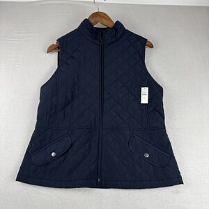 New! Talbots Womens Quilted Full Zip Navy Vest Medium Preppy Casual Pockets